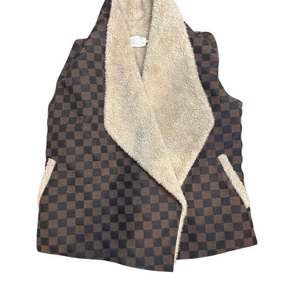 Judith March Brown Fleece Lined Vest Designer Faux Fur Checkered Design Size S - Picture 2 of 8